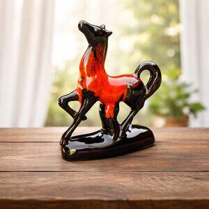 Vintage Canuck Pottery Evangeline Ware Horse Figurine Orange Black Drip Glaze